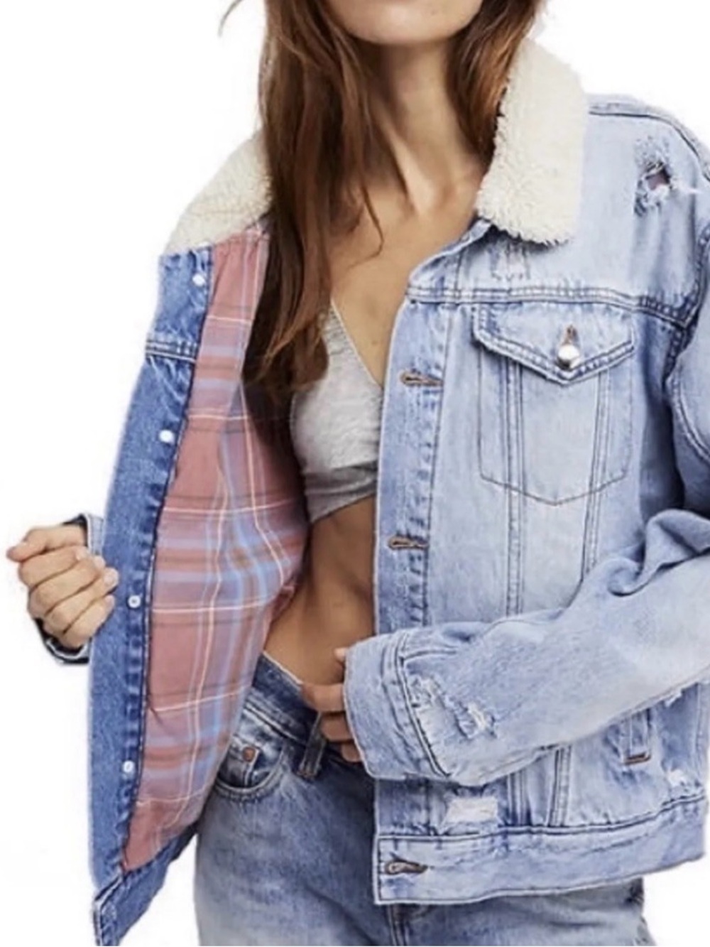 Free People Plaid Lined Light Blue Sherpa Collar Denim Jacket Size XS